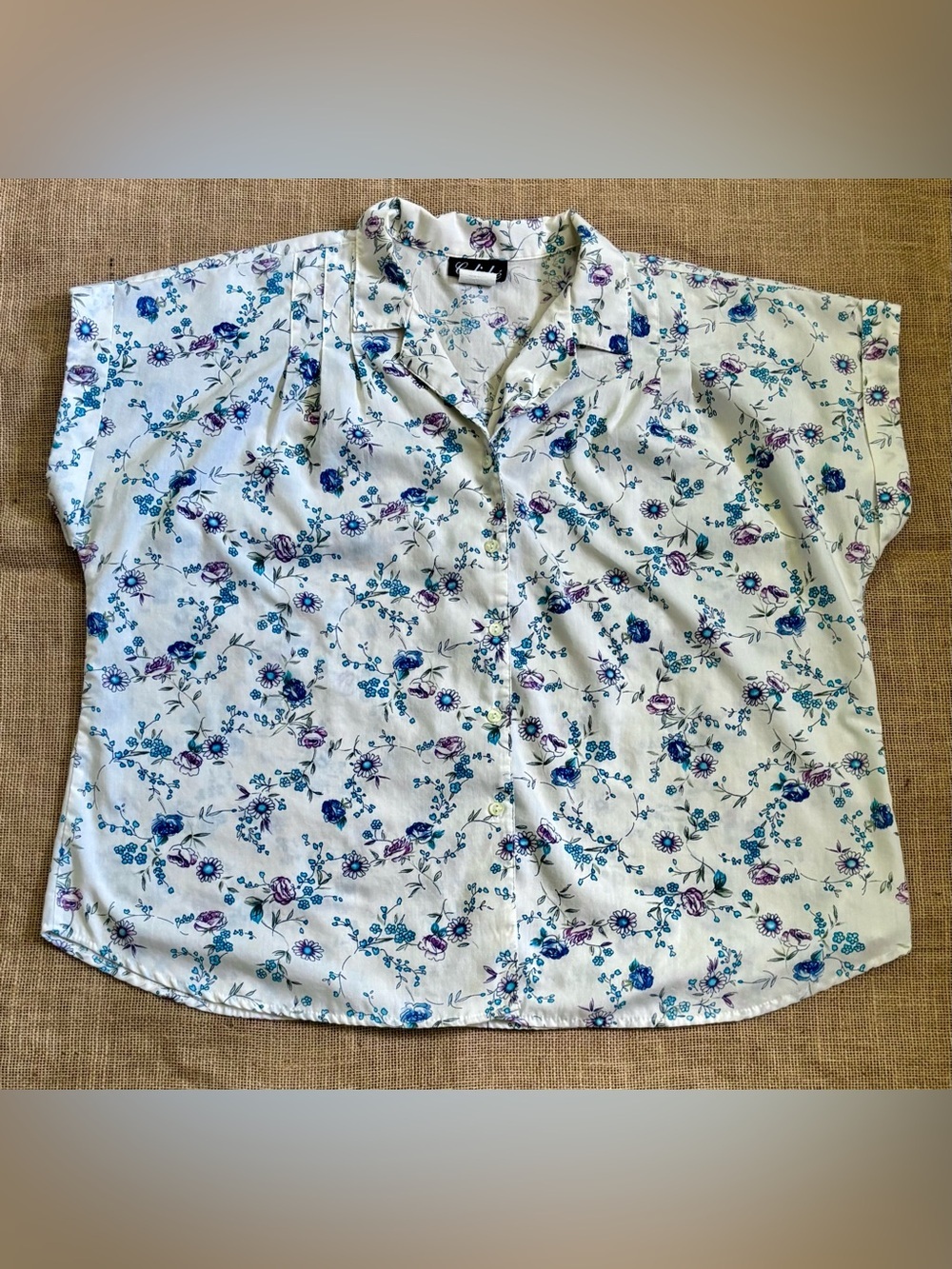 Vintage White Floral Button Front Shirt Plus Sz 24W Blue Purple Flowers USA Made